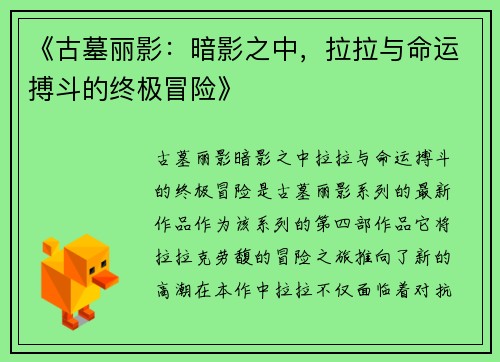 《古墓丽影：暗影之中，拉拉与命运搏斗的终极冒险》