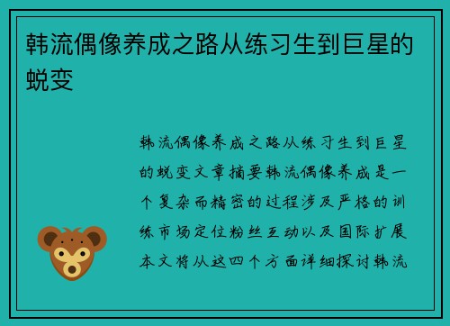韩流偶像养成之路从练习生到巨星的蜕变